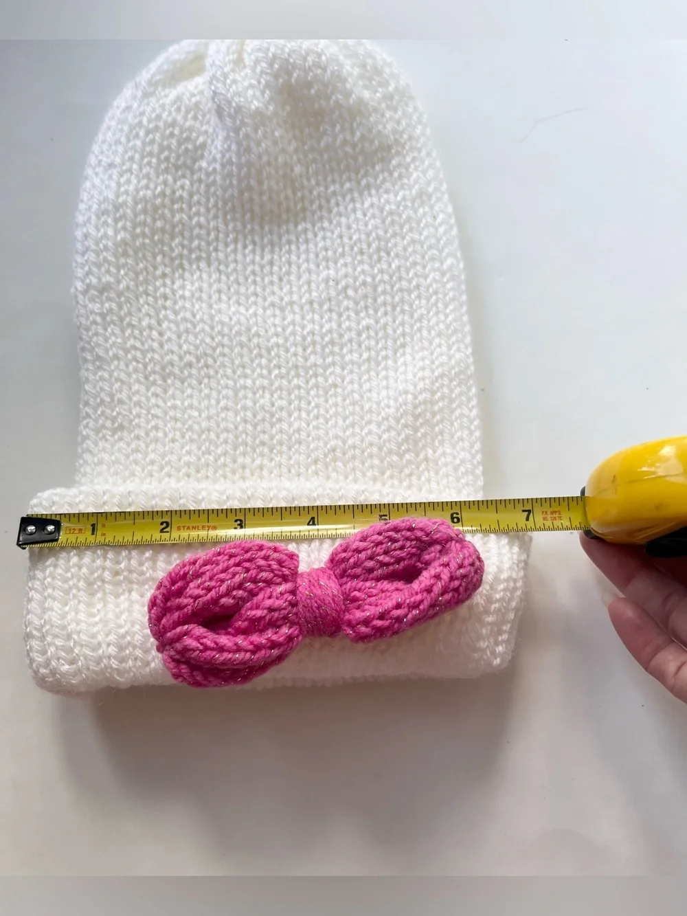 Handmade Cozy Toddler Winter Hat Knitted White w/ Pink Bow